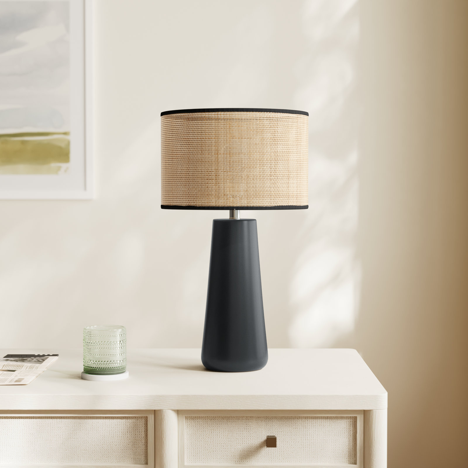 Piazza Ceramic Table Lamp, Black, Natural Rattan w. Black Trim, 22.25''H x 12.5''W x 12.5''D