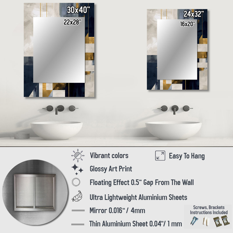 Gold Blue Shapes In Harmony - Abstract Shapes Decorative Wall Mirror, Gold Large Mirror, Printed Metal Art, 40" x 30"