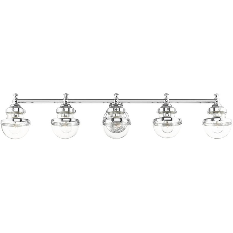 Superbe luminaire de meuble-lavabo de 42 po avec abat-jour en verre soufflé à la main - 5 lumières., Transparent, Chrome poli