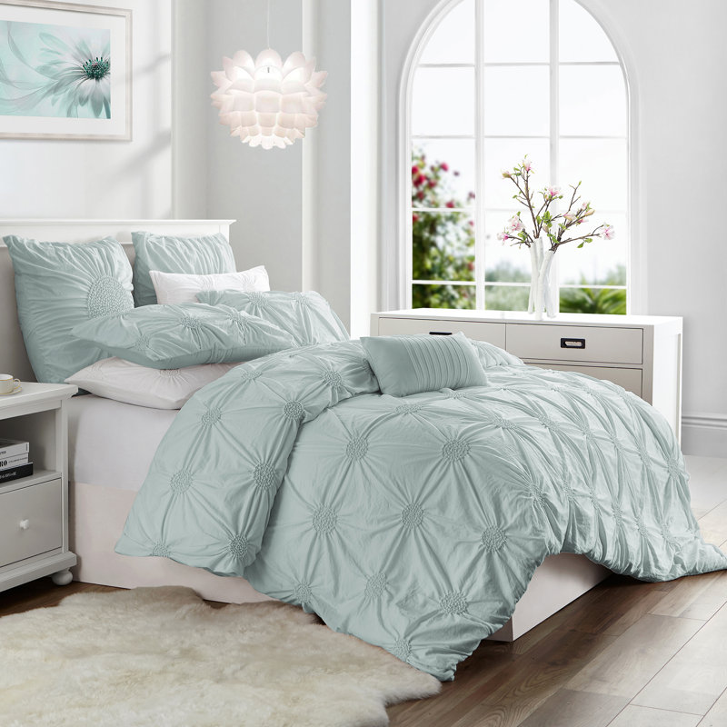 Floral Ruched Microfiber Duvet Cover Set, Pale Blue, Twin Duvet Cover + 1 Sham