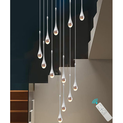 120" Long Crystal Raindrop Chandeliers 12-Light Silver Metal Pendant Light 3000-6000K Dimmable LED