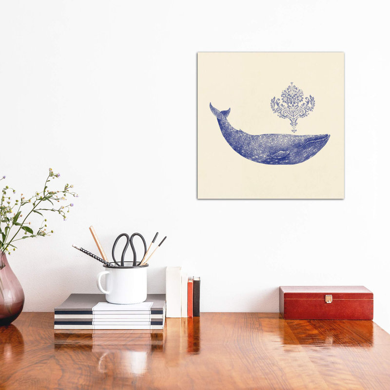 «Damask Whale Square # 2» par Terry Fan - impression, H 18 po x l 18 po x 1,5 po, Toile tendue, Pas de tapis