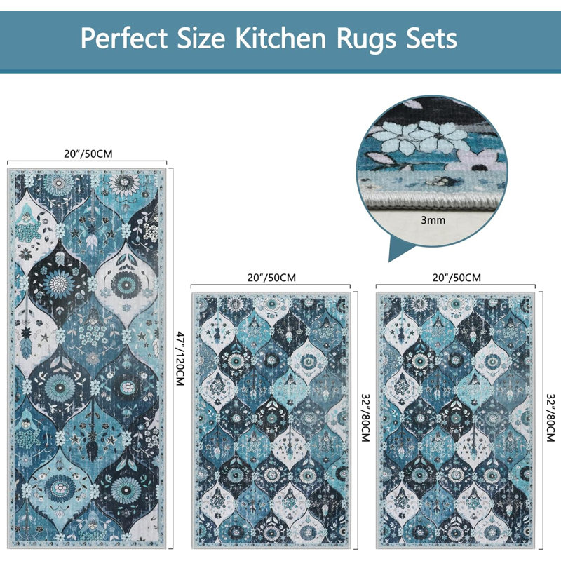 Sets of 3 Moroccan Trellis Kitchen Rug Non Slip Washable Kitchen Mats, Blue