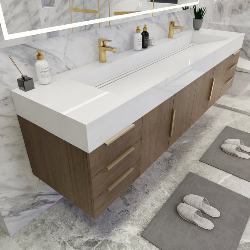 Glasgow 83'' Double Bathroom Vanity with Acrylic Top, Glossy White, Light Oak
