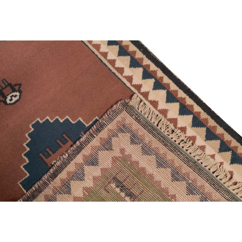 Tapis en laine / coton brun / vert / ivoire / bleu fait à la main