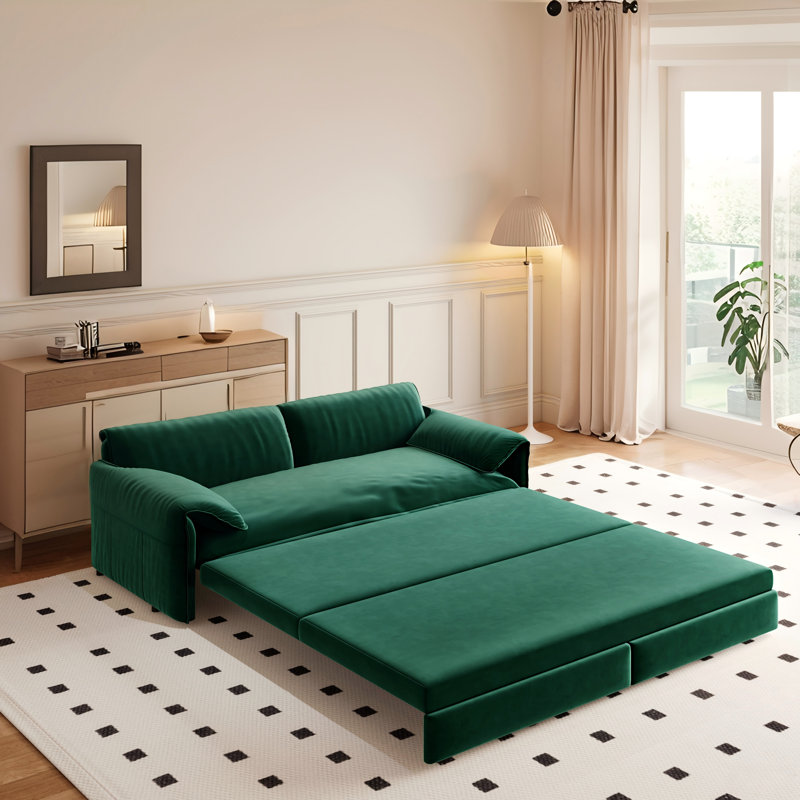 3-in-1 Convertible Queen Pull Out Sofa Bed, 66" Velvet Sleeper Sofa with Side Storage for Home Apartment Office, Green