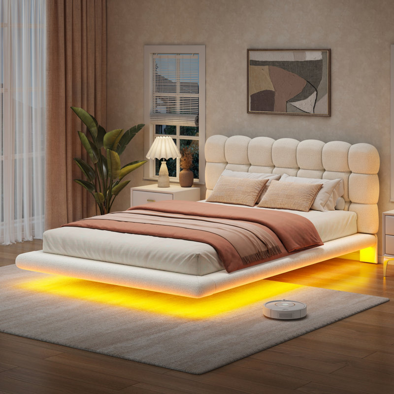 Lit plateforme capitonné avec éclairage DEL, lit suspendu moderne avec tête de lit capitonnée bouclée, sommier à lattes en bois, sans sommier tapissier.