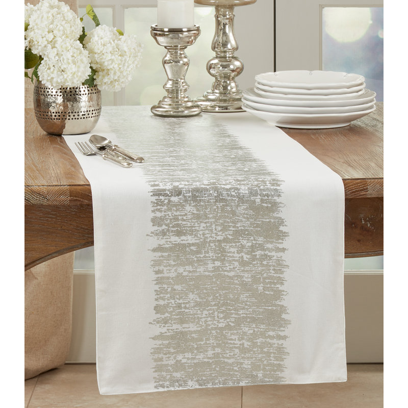 Agatha Metallic Banded Design Table Runner, Silver, 16" x 108"