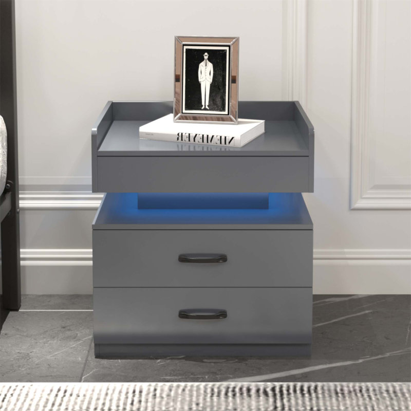 Table de chevet polyvalente à 2 tiroirs avec bande lumineuse à DEL réglable, grand rangement, idéale pour le chevet, une table basse ou une table de bout.