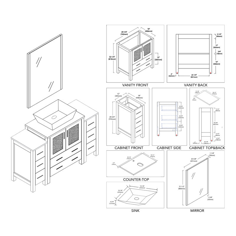 Ensemble de meuble-lavabo de salle de bain simple avec miroir 54 po Mance, Blanc lustré