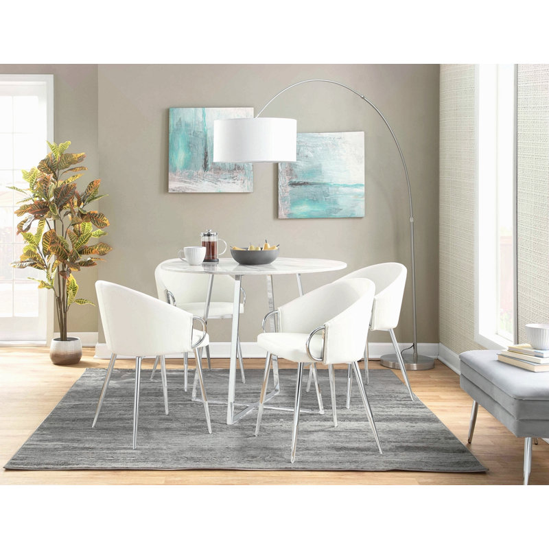 Chaise en métal argenté et similicuir, Argent, Blanc