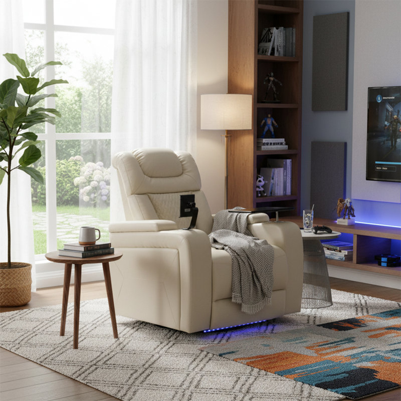 Modern Power Swivel PU Leather Recliner with Phone Holder, Integrated Tray Table, Cup Holders, Storage Armrests, and USB Port