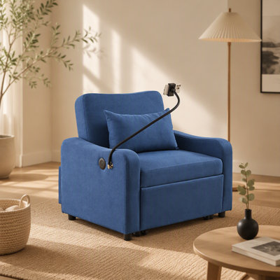 Canapé-lit, canapé-lit convertible 3 en 1 avec dossier réglable, support pour téléphone et port USB, type C, fauteuil inclinable réglable, fauteuil pour salon, chambre à coucher, petit espace, bleu foncé