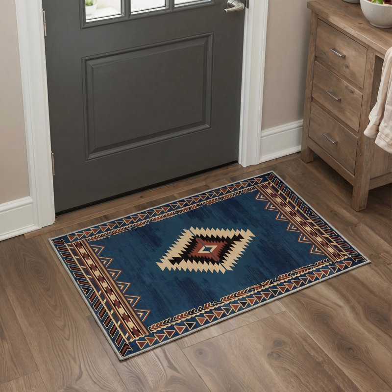 Abrahamson Vega Geometric Machine Washable Blue / Brown Indoor Area Rug with Non-Slip Backing, Rectangle 6' x 9'