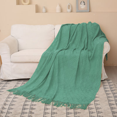 Knitted Throw Blanket for Couch, Decorative Blanket with Fringe