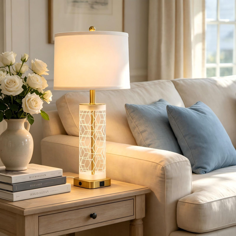 28" Modern Glass Table Lamp with Night Light, USB & Type-C Charging Ports, White Fabric Shade, 2-Light Design, Gold