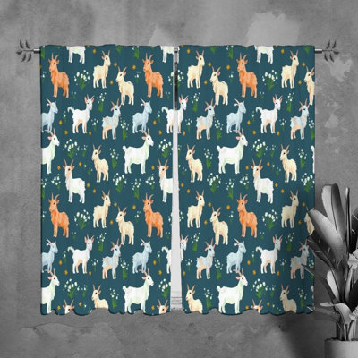 Goat Window Curtains Animals Blue Drapes