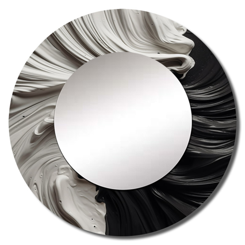 Phillisa Black White Marbled Dreamscape I - Geometric Mirror, Black Unique Wall Mirror, Printed Metal Art, 36" x 36", Round