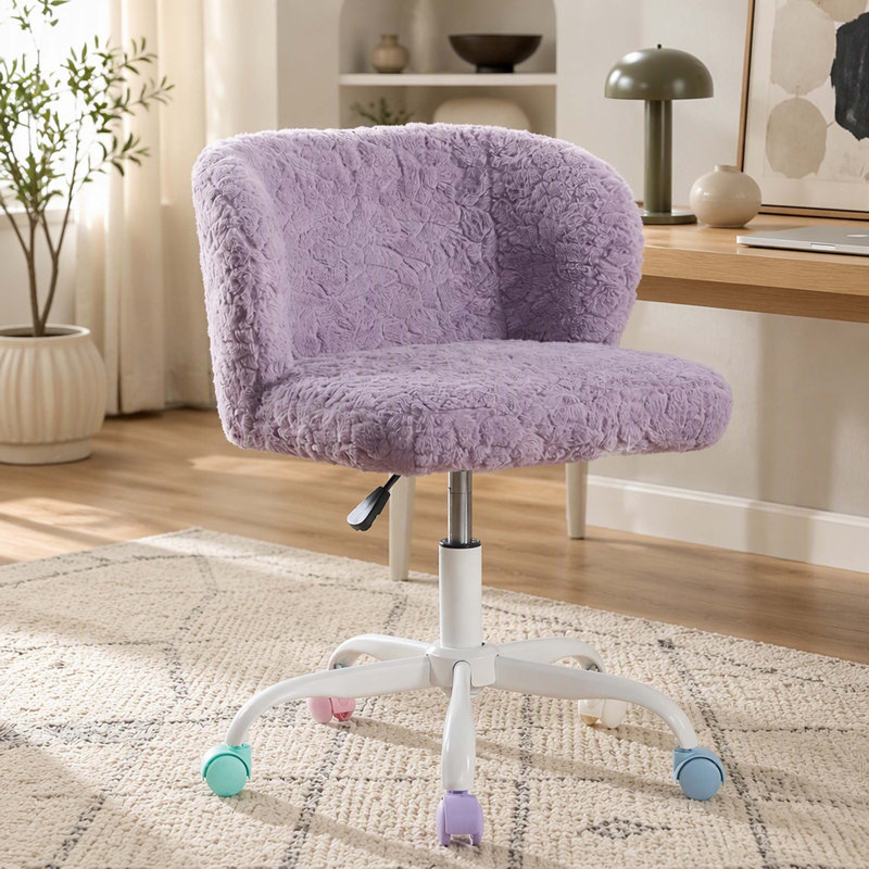 Fauteuil de bureau, fauteuil de bureau en poils de lapin artificiel avec base en métal, fauteuil de bureau pivotant réglable, fauteuil de coiffeuse (violet)