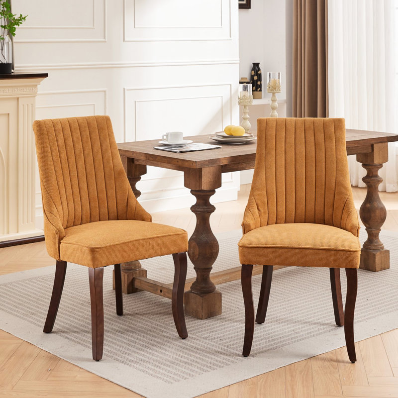 Ogata Of 2 Comfy Dining Chairs, Luxurious Rayon Cloth , Strong , Solid Wood Legs With Curve, Yellow, American Traditional Yellow Design
