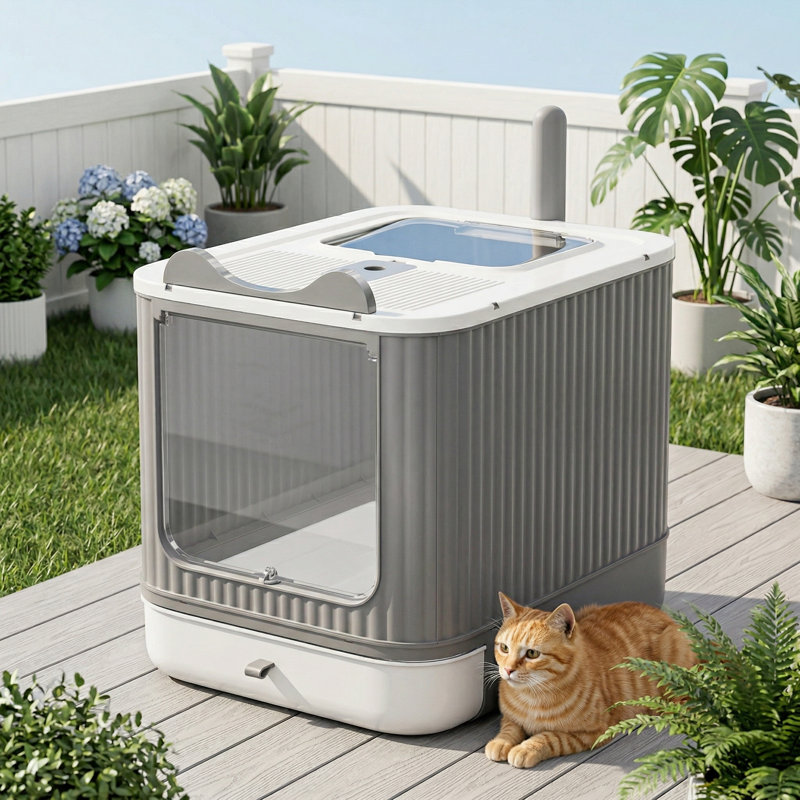 Bac à litière pour chat avec couvercle entièrement amélioré, anti-éclaboussures, facile à nettoyer, avec tiroir, 3 modes pour chaton à adulte, blanc et gris