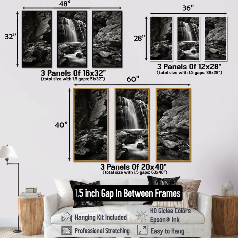 Waterfall Cliff Scenery II - Waterfall, ensemble d'art sur toile, Cadre flottant doré, H 28 po x l 36 po x P 1 po