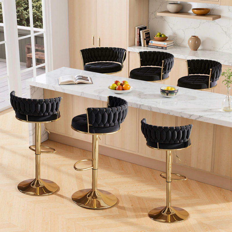 6 tabourets de bar rembourrés avec dossier tissé, 6 tabourets de comptoir réglables en hauteur, 6 tabourets de cuisine pivotants