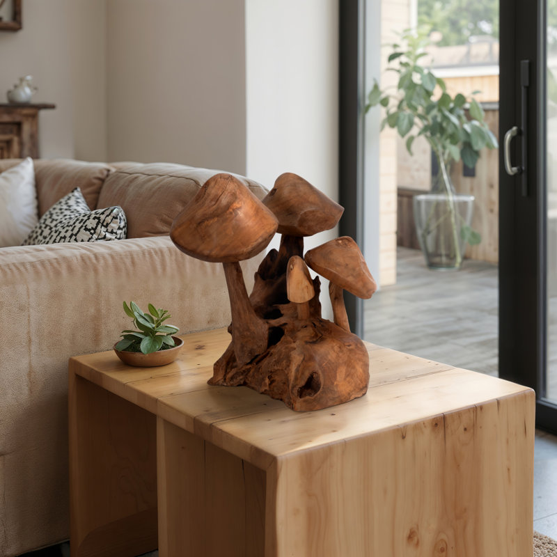 Sculpture Wood Mushroom-Inspired Design 13" Brown for Home Office Bedroom Living Room Decor.