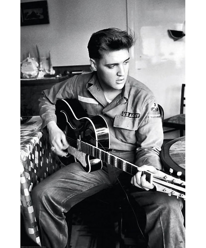 «ACHETER DES ARTS POUR MOINS» sous licence officielle Elvis in Army avec guitare, noir et blanc, affiche d'art 24 x 36 po - reproduction décorative - papier affiche - prêt à encadrer