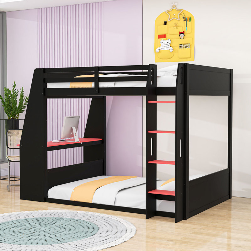 Bunk Bed With Desk, Storage Shelves USB And LED Light, Red, Full