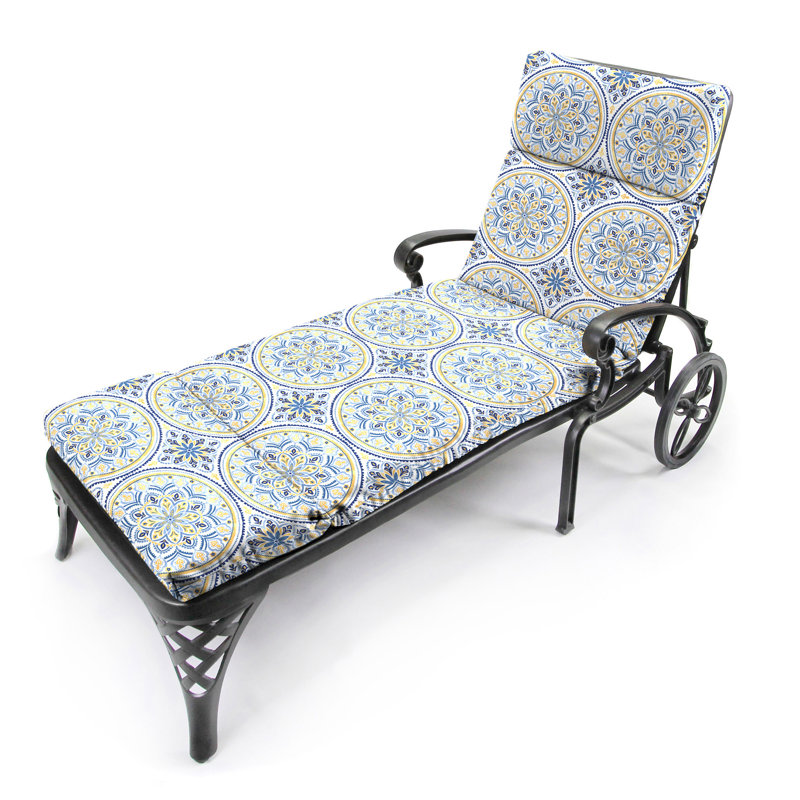 76" x 22" Outdoor Chaise Lounge Cushion with Ties, Blue/Yellow/Navy