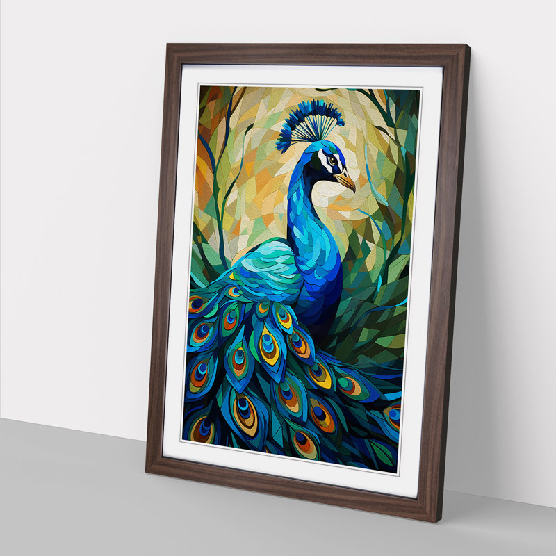 Peacock Cubism No.2 - Single Picture Frame Print on Wood, 64cm H x 46cm W x 2cm D, Walnut Framed