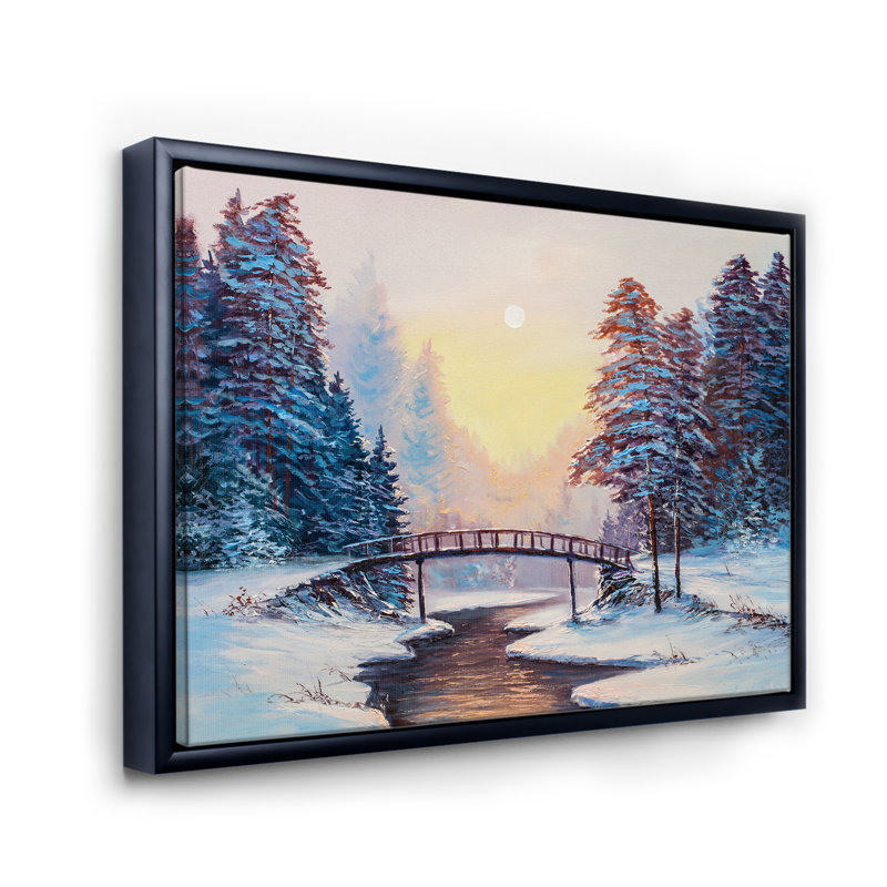 Petit pont et paysage couvert de neige - peinture sur toile, H 24 po x l 32 po x P 1 po, Cadre flottant noir