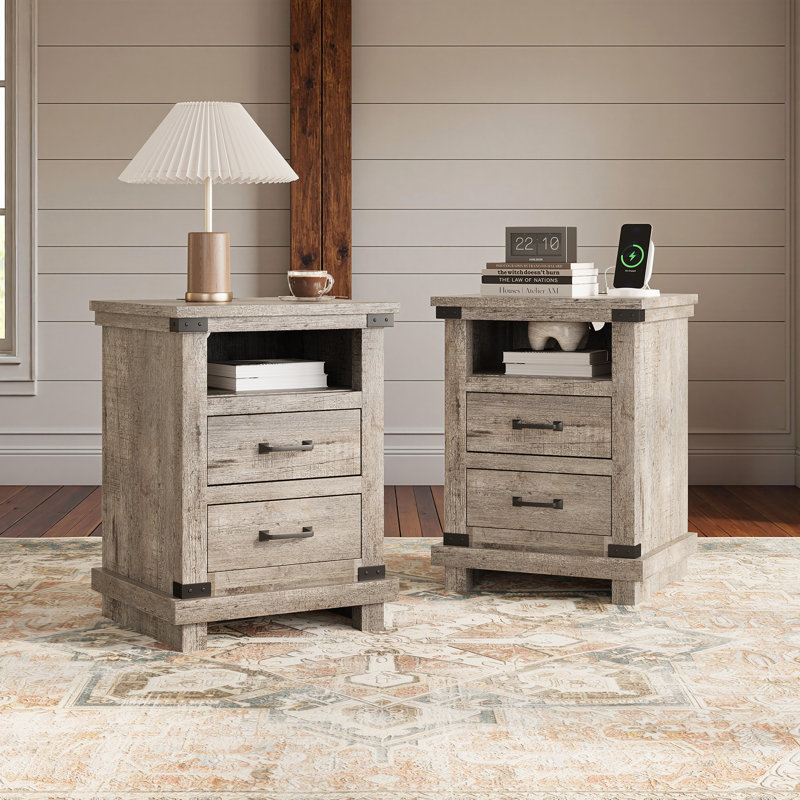 Farmhouse Nightstand Set with Charging Station Set of 2, Light Gray, Light Gray, 2