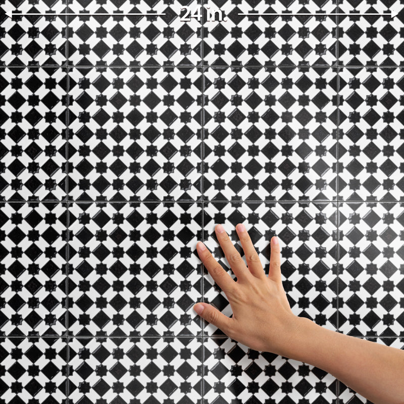 Sevillano Giralda 8" x 8" Ceramic Patterned Tile, Black/White