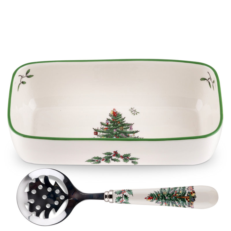 Spode Christmas Tree Cranberry Server With Slotted Spoon