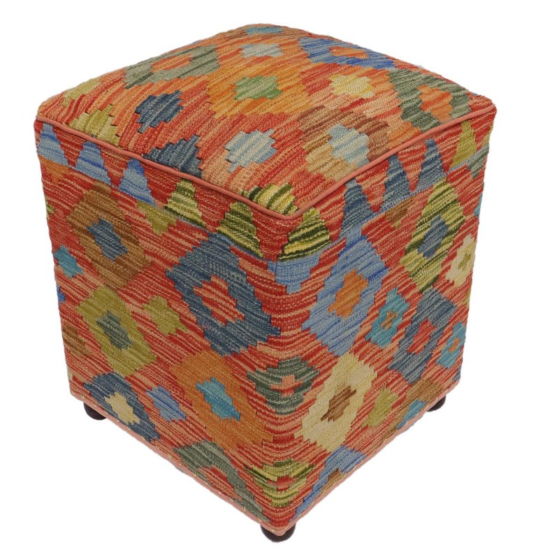 Repose-pieds standard carré de 15 po de largeur Aprea, Orange / bleu / or / laine verte