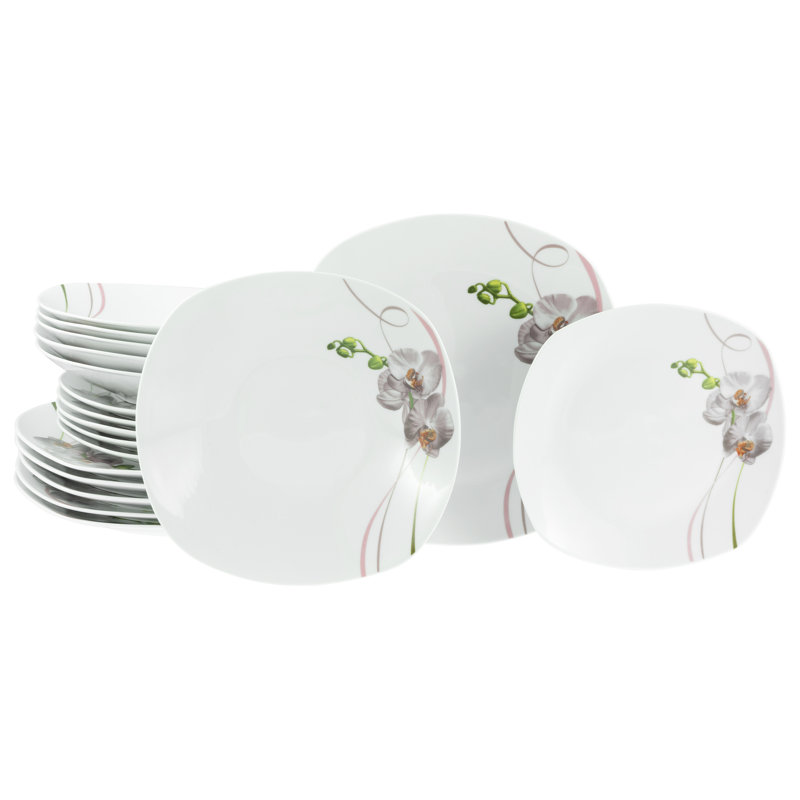 Square Orchid, 18-piece porcelain plate set