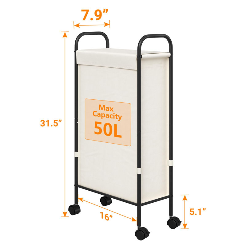Panier à linge mince avec couvercle, petit panier à linge sur roulettes 50L, chariot en tissu étroit 7,9 po, Crémeux