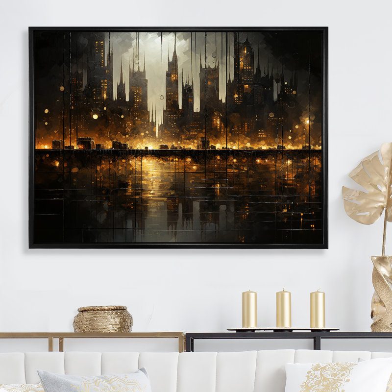 Nyc Cityscape Night Noir I, Cadre flottant noir, H 24 po x l 32 po
