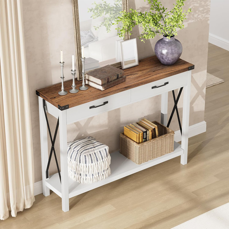 Console avec 2 tiroirs, table basse avec tablette de rangement, table d'appoint en bois, Brun / Blanc