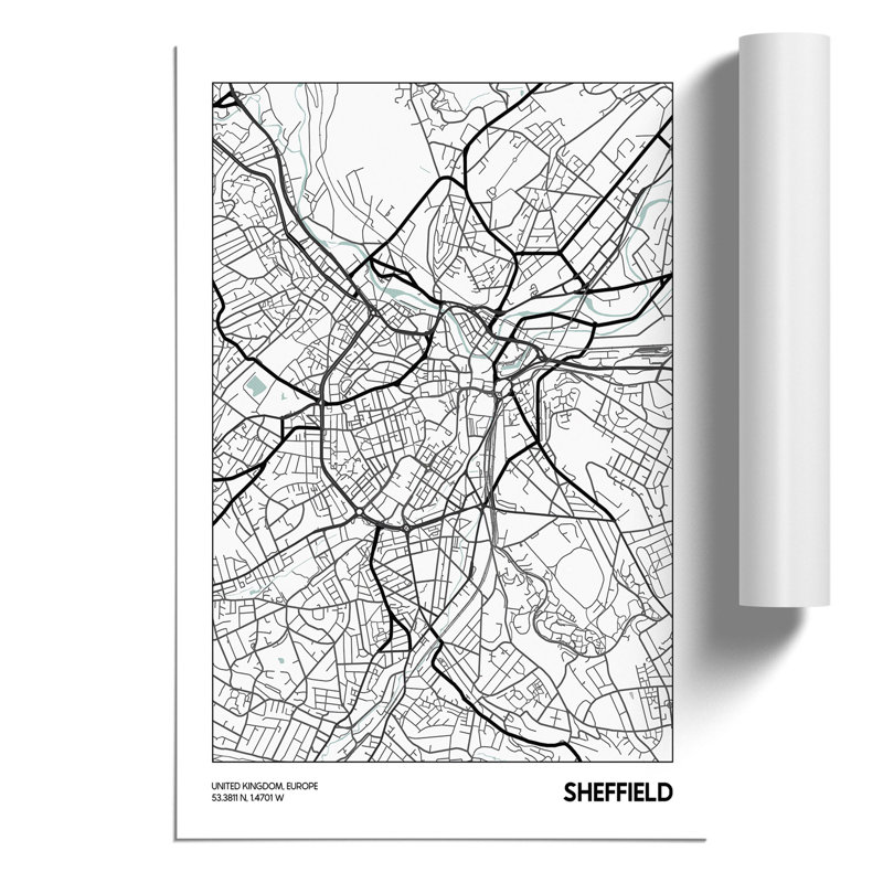 Map Sheffield UK - Frameless Print, 84cm H x 59cm W x 0.1cm D