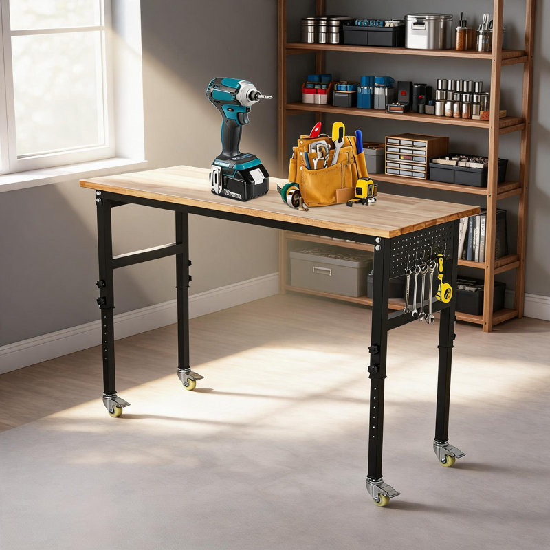 48'' Adjustable Workbench, Heavy Duty Mobile Garage Table with Rubber Wood Top, Pegboard, Wheels & Hooks