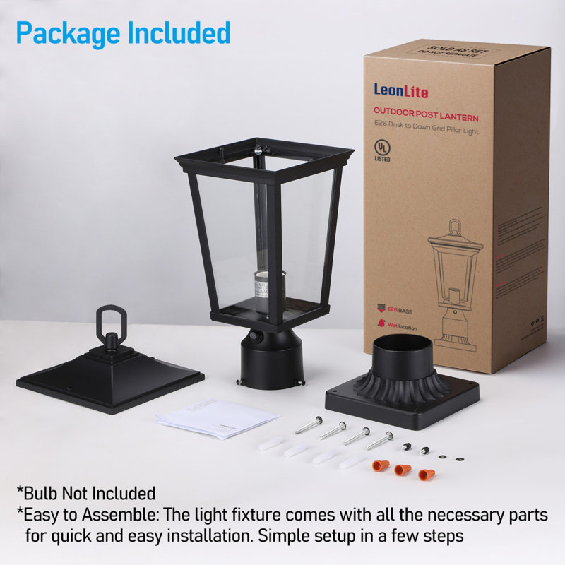 17" Outdoor Post Lantern, Aluminum Modern Pole Lantern with Pier Mount Base, Rectangular Dusk to Dawn Exterior Post Light with Clear Glass, UL Listed, Max 45W E26 Base, Black