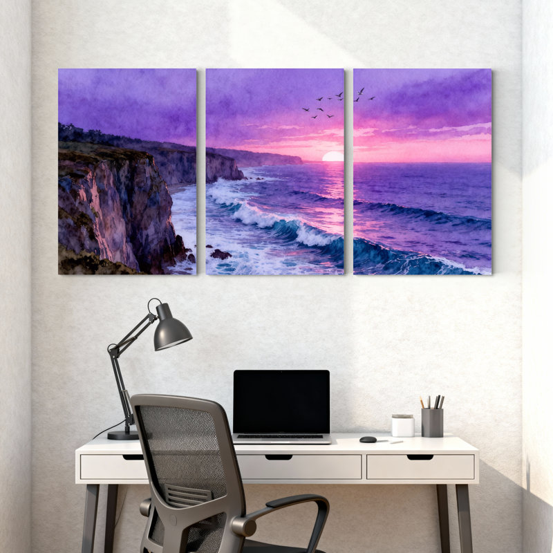 Paysage et nature, ciel mauve, vagues de l'océan, falaises, coucher de soleil, oiseaux, ensemble de 3 impressions sur toile