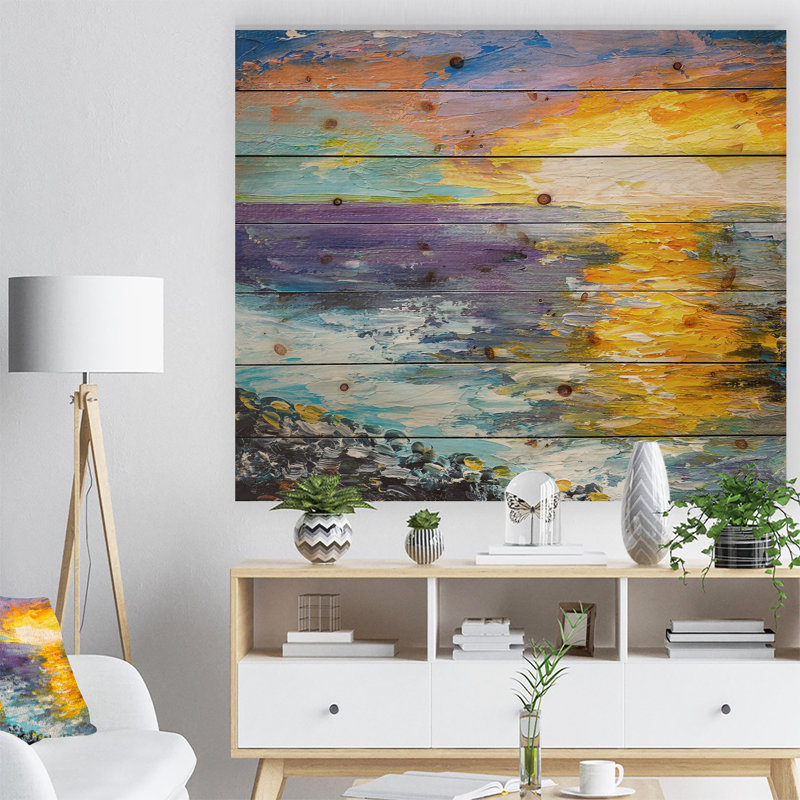 « coucher de soleil sur la côte », peinture, Bois, H 30 po x l 40 po x P 1,5 po