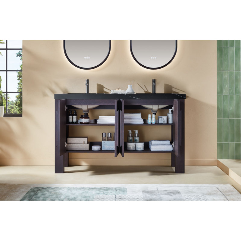 Meuble-lavabo double 60 po Abella Munich, Noir, Chêne espresso