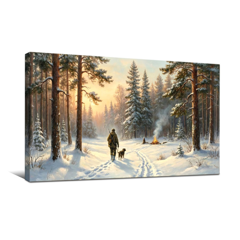 Paysage et nature Hiver forêt homme chien sentier de neige coucher de soleil pins, H 28 po x l 58 po