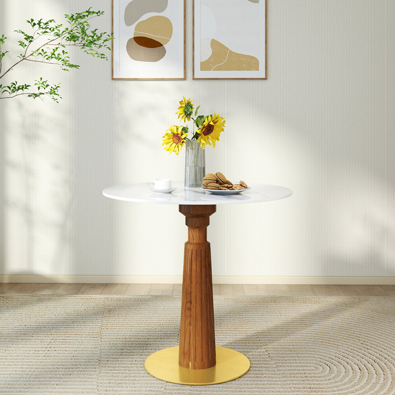 Table de salle à manger ronde moderne, table en pierre frittée de 33,5 po avec pieds en bois et base dorée, table de cuisine pour 2 personnes pour petit espace, capacité de poids de 150 lb (seulement la table de Négociation)