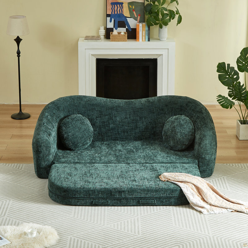 Canapé inclinable convertible courbé de 86 pouces, canapé-lit pliant sans cadre 2 en 1 avec base coulissante et siège profond, canapé inclinable en chenille à deux places, aucun assemblage requis Vert